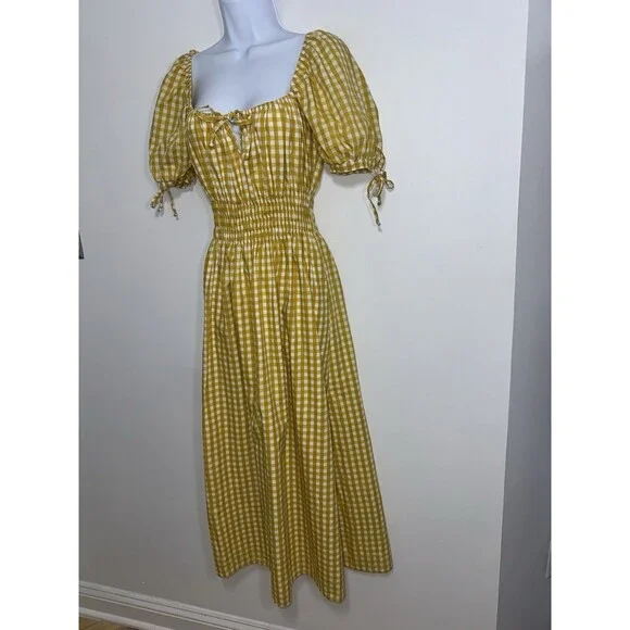 Faithfull Brand Flora Puff Sleeve Midi Yellow Mari Check Gingham Dress Women 6 - Picture 2 of 10